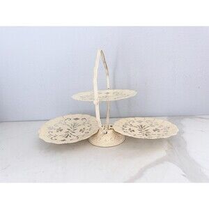 Vintage Metal 3 Tier Folding Serving Dish Ornate Scalloped Trays that Folds Up